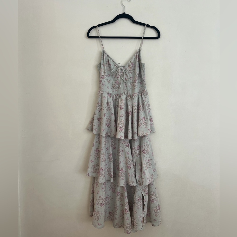Lush Floral Tiered Midi Dress in Light Blue and Pink